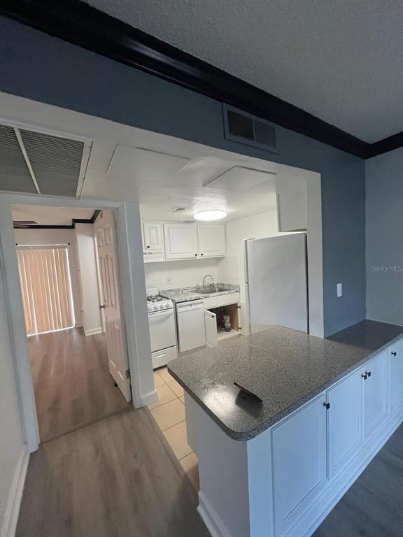A kitchen with white cabinets, granite-look countertops, and a breakfast bar overlooks a living area — 131 WATER FRONT WAY UNIT 150, ALTAMONTE SPRINGS, FL