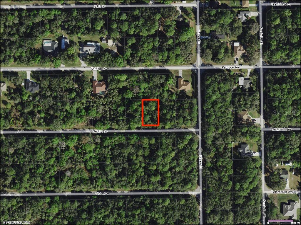 This is an aerial map showing a vacant, wooded lot highlighted by a red rectangle — 13398 SEDRO AVENUE, PORT CHARLOTTE, FL