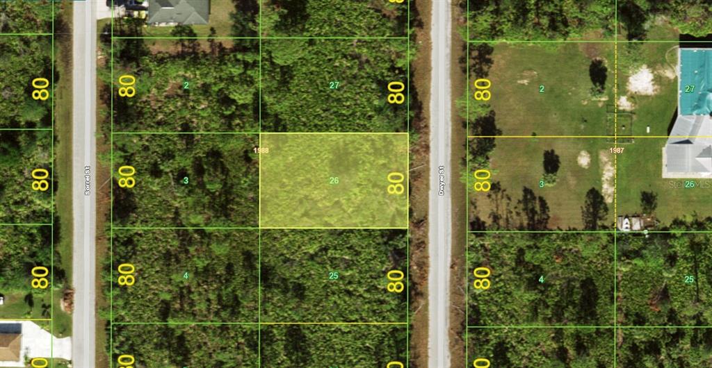 This is a satellite map view showing a highlighted rectangular land parcel between two streets — 3135 DWYER STREET, PORT CHARLOTTE, FL