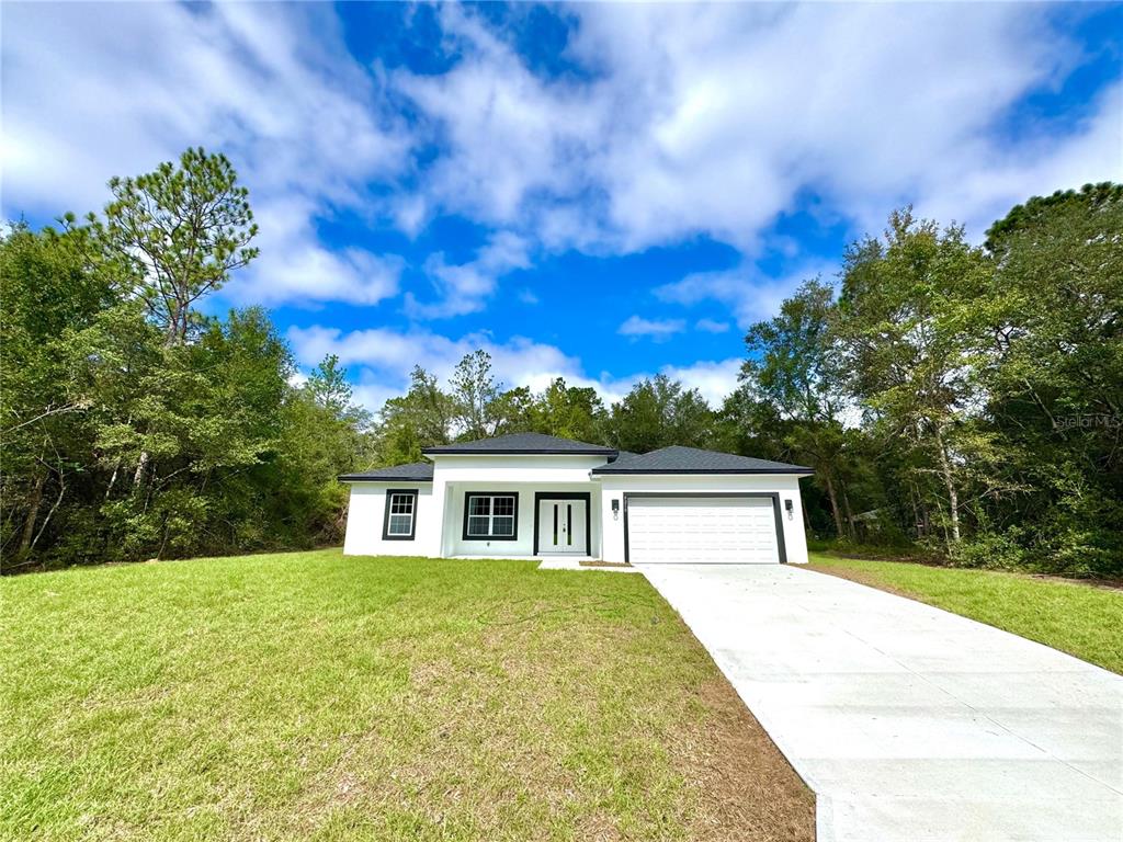 A modern, white single-story house with a black roof and a concrete driveway — 9210 N HUNTER WAY, CITRUS SPRINGS, FL