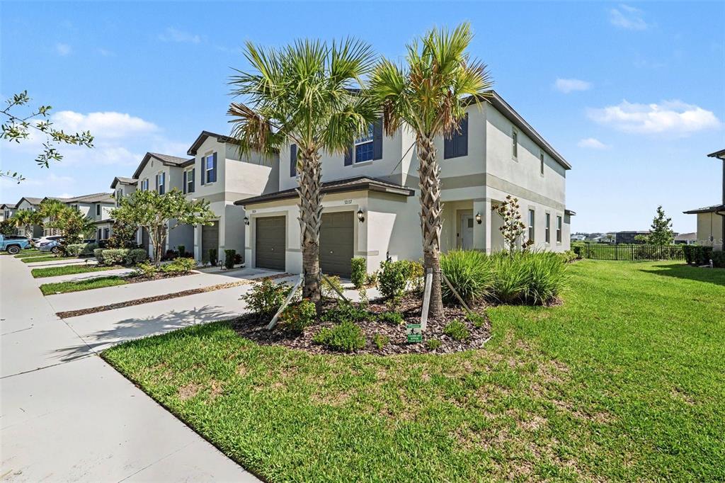 A two-story townhouse exterior with a two-car garage and two palm trees in front — 32137 POWDERPUFF MIMOSA DRIVE, SAN ANTONIO, FL