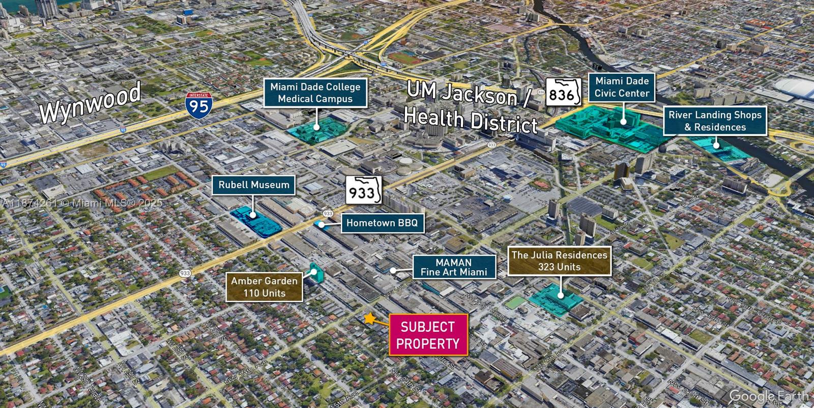 An aerial map shows the subject property highlighted in pink among surrounding Miami landmarks — 1401 NW 23rd St, Miami FL 33142, MIAMI, FL