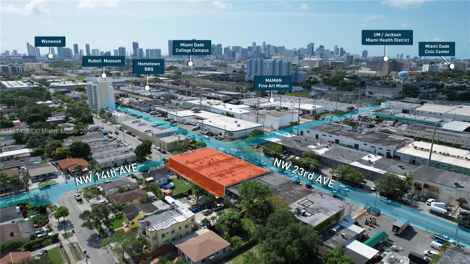 This aerial rendering highlights a rectangular property lot in an urban industrial neighborhood — 1401 NW 23rd St, Miami FL 33142, MIAMI, FL