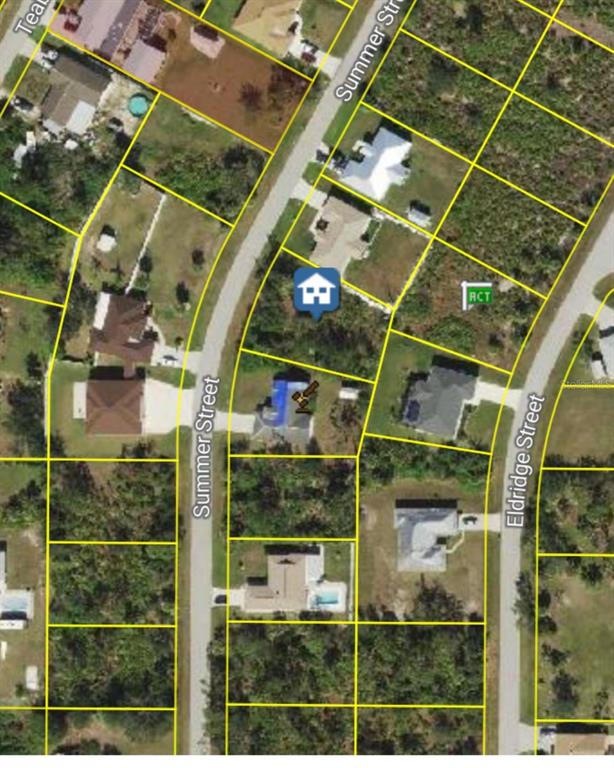 This is an aerial map view showing residential lots, houses, and streets — 7180 SUMMER STREET, ENGLEWOOD, FL