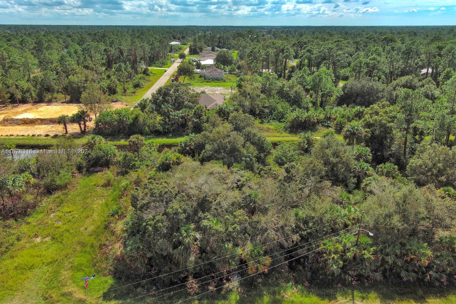 An aerial view shows a wooded lot with a dirt road and nearby houses — 862 ASHLAND ST E, Lehigh Acres FL 33974, LEHIGH ACRES, FL
