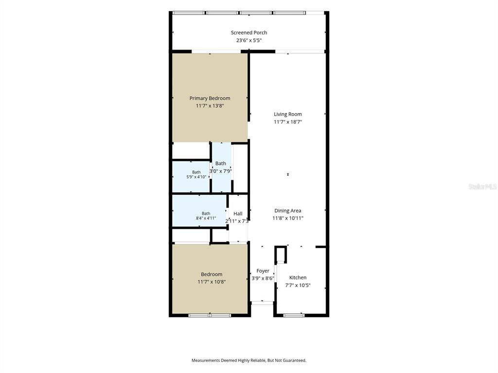 This is a floor plan showing a two-bedroom, three-bathroom apartment with a screened porch — 8220 SEVEN OAKS COURT UNIT 5, PORT RICHEY, FL