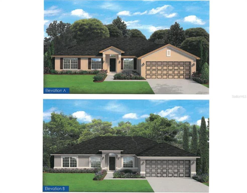 A rendering showing two different exterior elevation options for a single-story suburban house — 5923 GIFFEN AVENUE, NORTH PORT, FL
