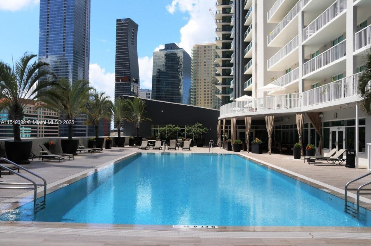 A rectangular swimming pool sits on a terrace surrounded by lounge chairs and modern high-rise buildings — 1250 S Miami Ave # 2006, Miami FL 33130, MIAMI, FL