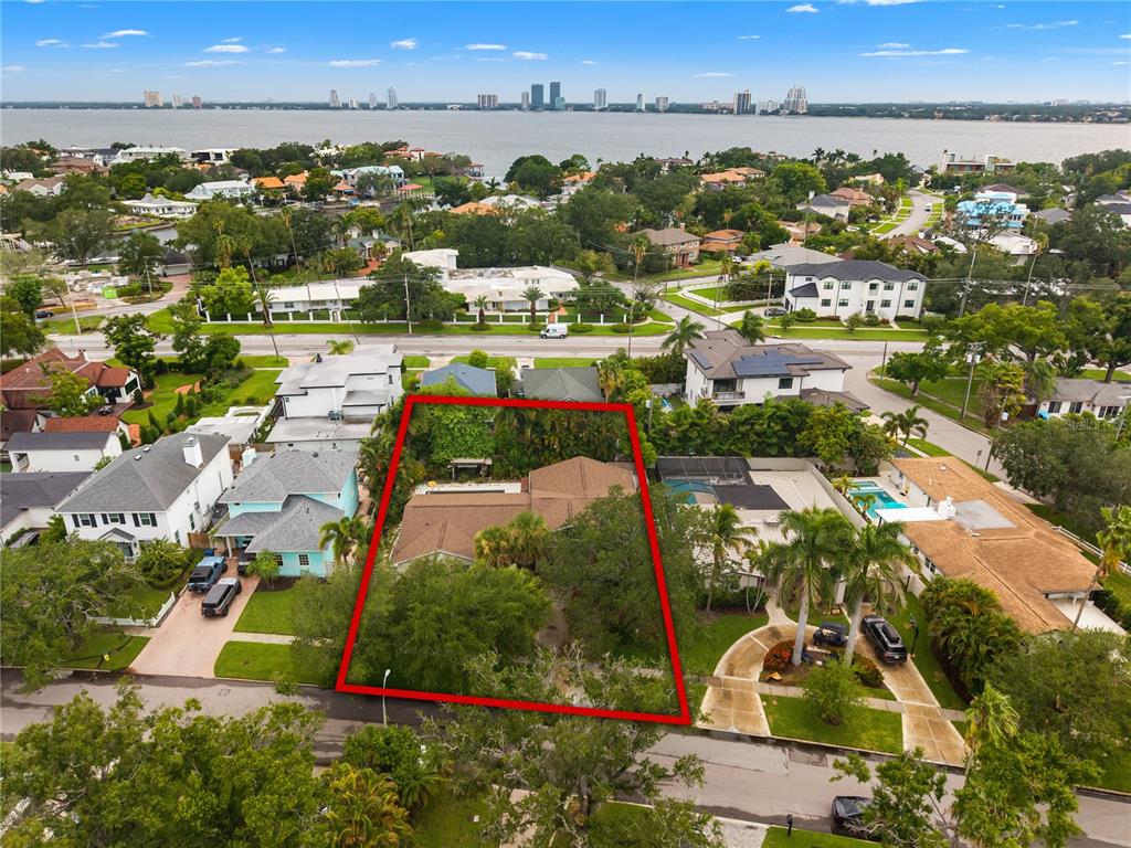An aerial view shows a residential property outlined in red within a suburban neighborhood — 410 ERIE AVENUE, TAMPA, FL