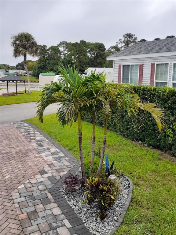 A small palm tree stands in a gravel garden bed next to a brick paver walkway — 2328 LIMEWOOD AVENUE UNIT 050, CLERMONT, FL