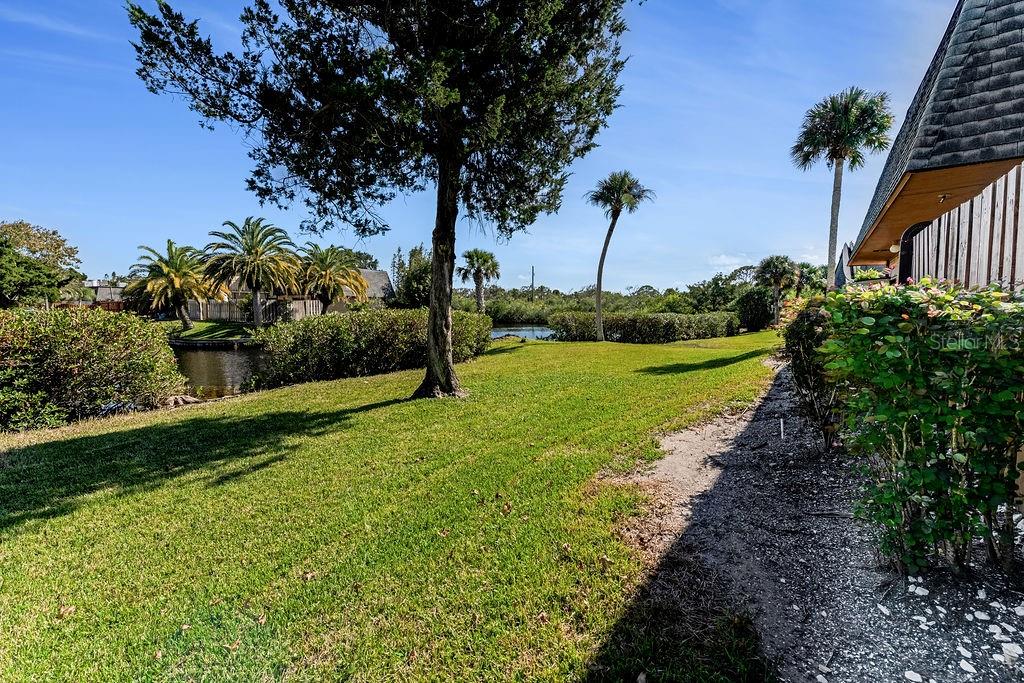 A grassy backyard features a large tree, palm trees, and a view of a canal — 113 CEDAR DUNES DRIVE, NEW SMYRNA BEACH, FL