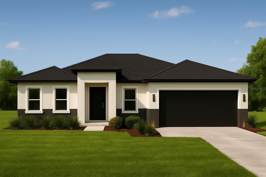 A digital rendering of a single-story house exterior with a dark roof and two-tone siding — 2160 TOPSY TERRACE, NORTH PORT, FL