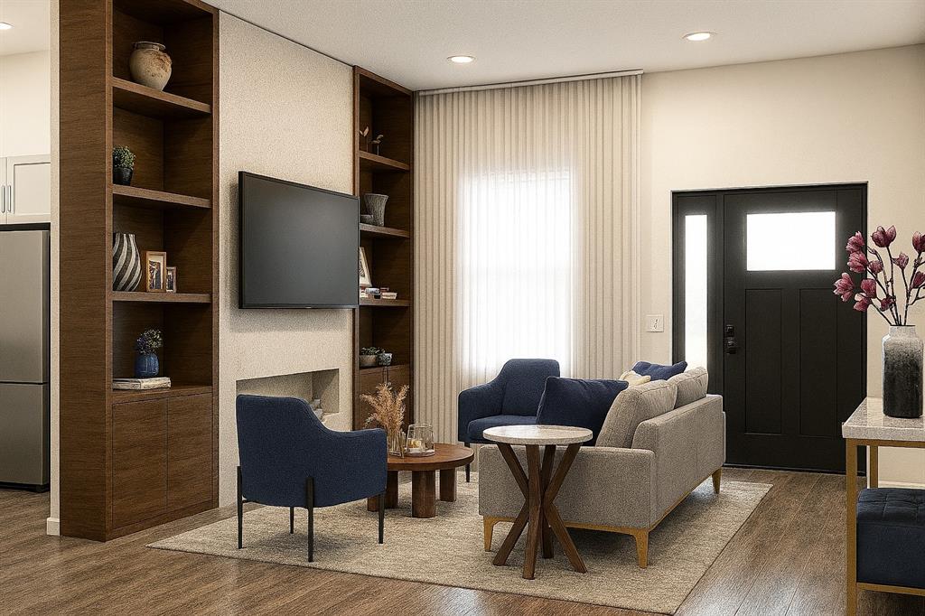This rendering shows a living room with built-in wooden shelves, a television, and blue seating — 2160 TOPSY TERRACE, NORTH PORT, FL