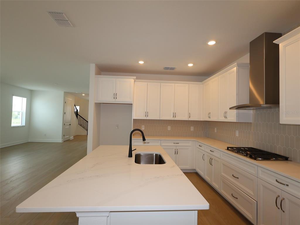 A modern kitchen features white cabinets, a large quartz island, and a stainless steel hood — 4438 SUNSET GARDEN STREET, BRADENTON, FL