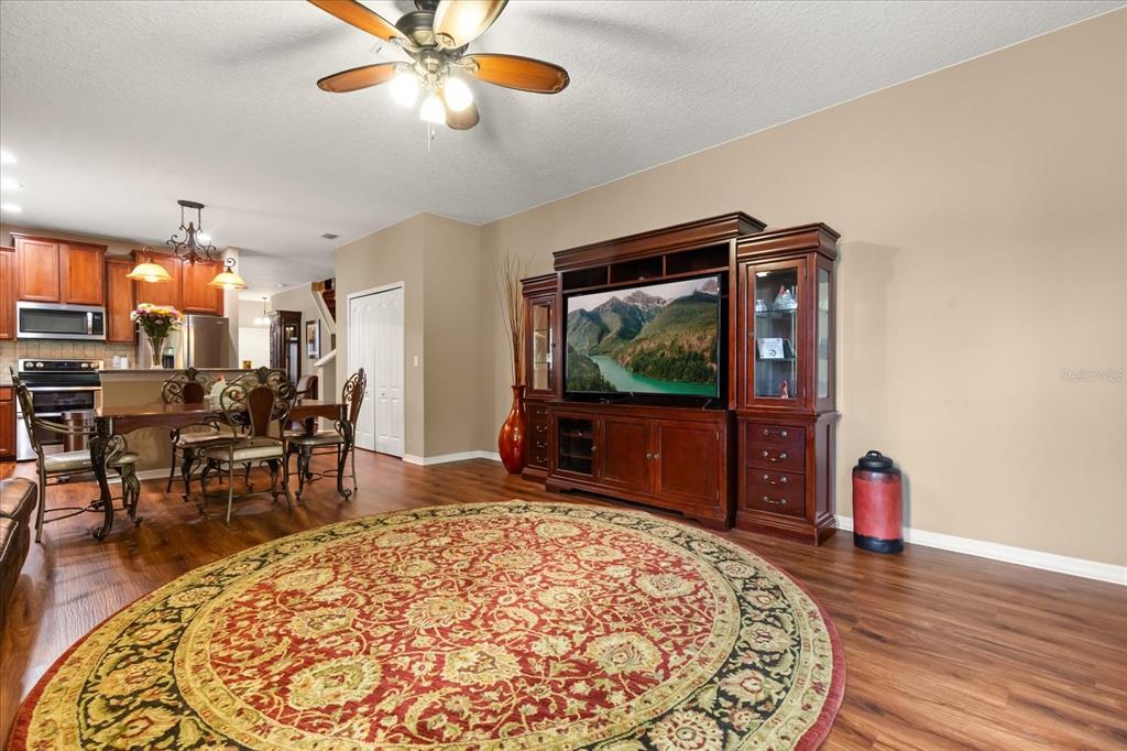 A living room with wood flooring, a large circular rug, and a wooden entertainment center — 2721 WALDEN WOODS DRIVE, PLANT CITY, FL