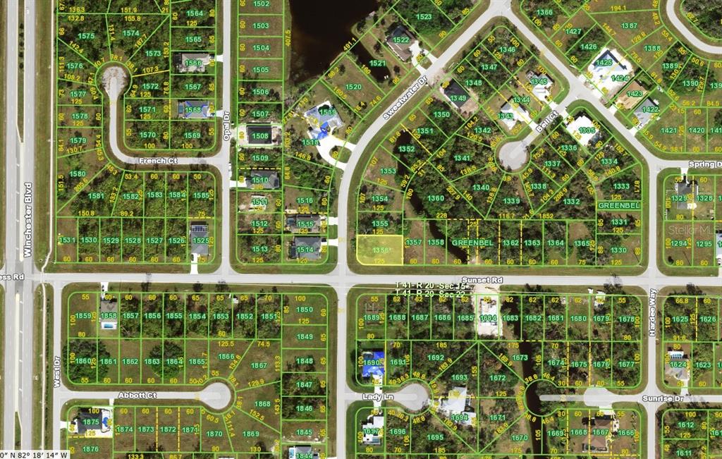 This is a plat map showing residential lots, streets, and greenbelts in a neighborhood — 132 SUNSET ROAD, ROTONDA WEST, FL