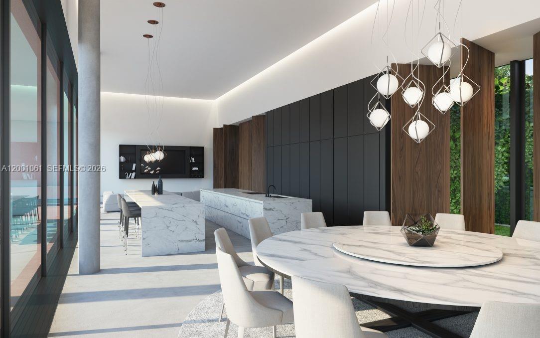 This rendering shows a modern open-concept kitchen and dining area with marble islands and tables — 4771 Akai Dr, Southwest Ranches FL 33332, SOUTHWEST RANCHES, FL