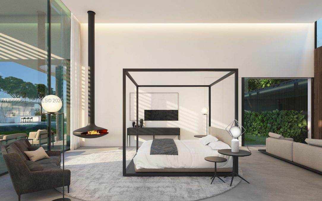 This rendering shows a modern bedroom with a canopy bed and a suspended fireplace — 4771 Akai Dr, Southwest Ranches FL 33332, SOUTHWEST RANCHES, FL