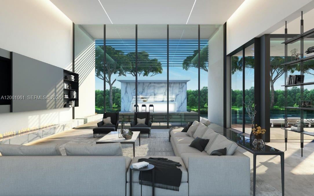 This rendering shows a modern living room with floor-to-ceiling windows overlooking an outdoor bar area — 4771 Akai Dr, Southwest Ranches FL 33332, SOUTHWEST RANCHES, FL