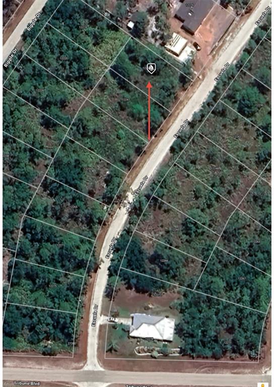 This is an aerial map showing a vacant lot highlighted by an arrow on Escuela Drive — 12241 ESCUELA DRIVE, PUNTA GORDA, FL