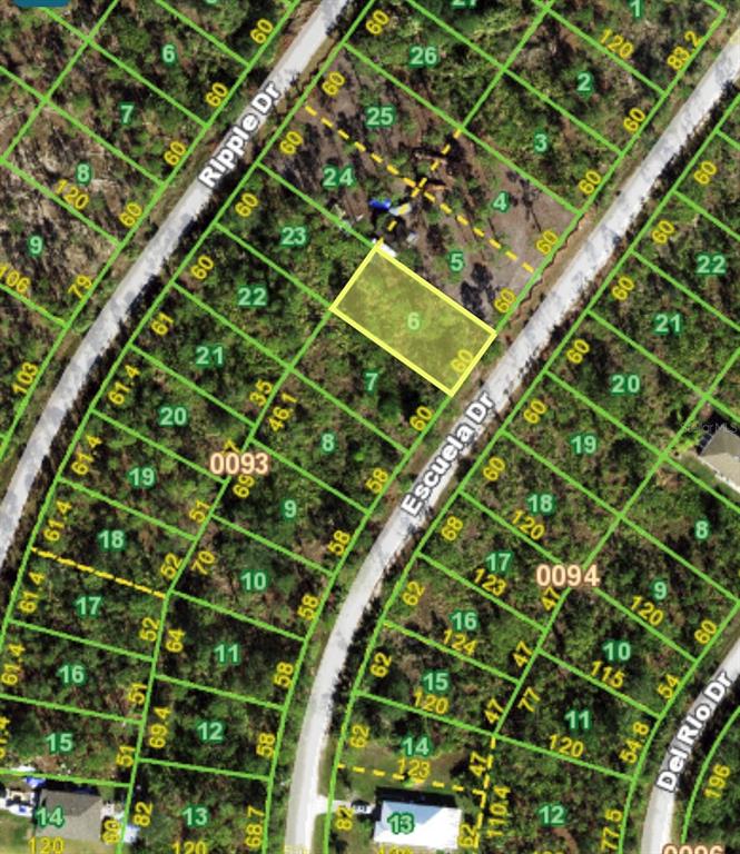 This is a satellite map showing a highlighted rectangular land parcel along a residential street — 12241 ESCUELA DRIVE, PUNTA GORDA, FL