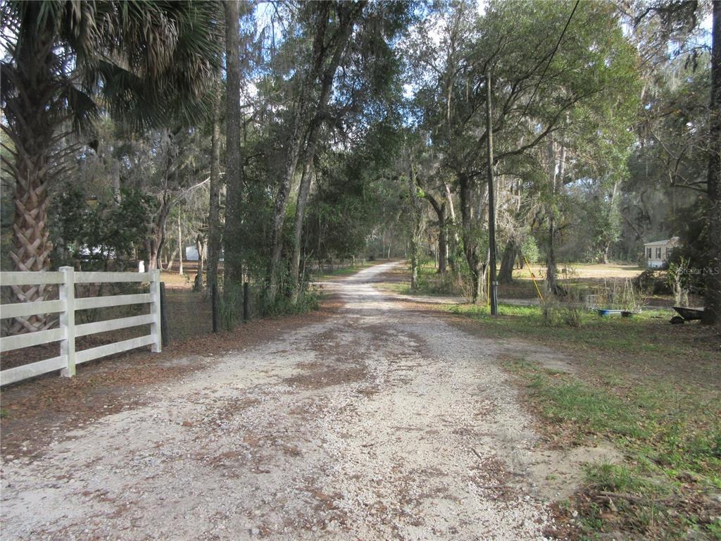 A gravel driveway leads through a wooded area past a white fence and trees — 2960 NE 159TH PLACE, CITRA, FL