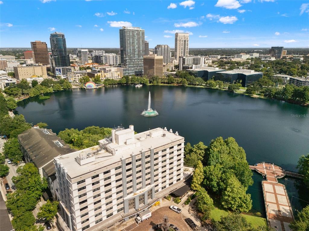 An aerial view of Lake Eola Park in downtown Orlando with a central fountain — 530 E CENTRAL BOULEVARD UNIT 405, ORLANDO, FL