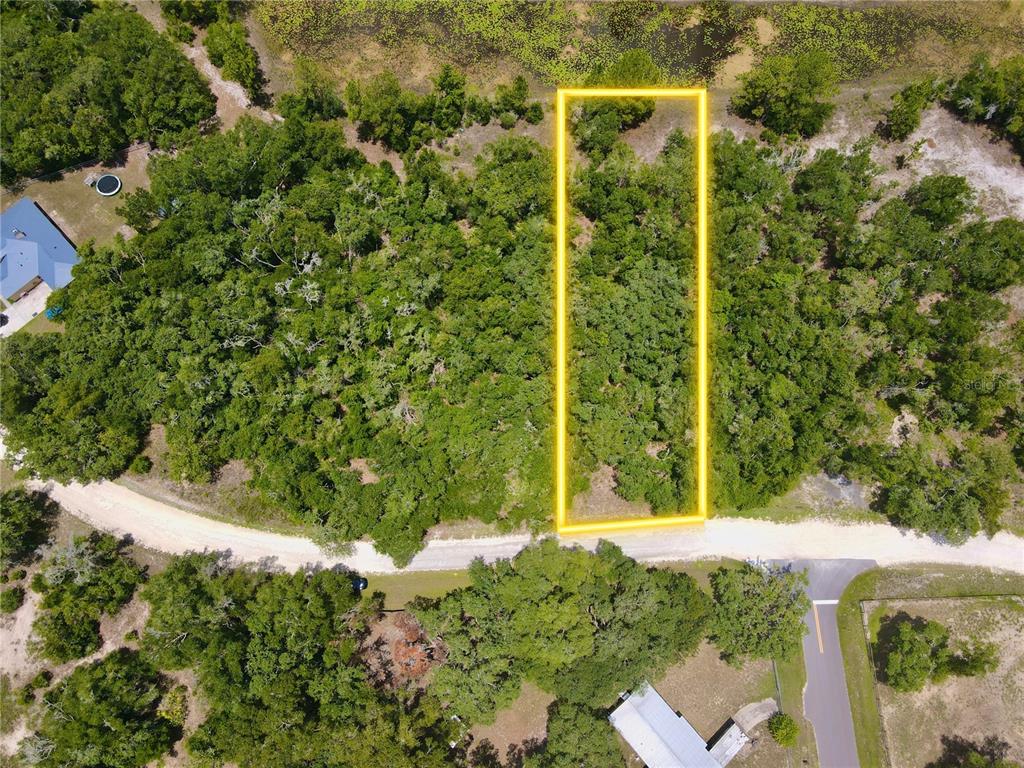 An aerial view shows a rectangular, wooded vacant lot outlined in yellow along a road — 34237 SHAFFER DRIVE, DADE CITY, FL