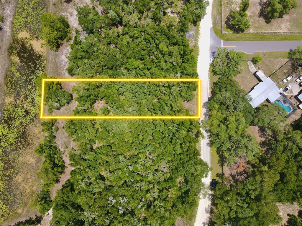 An aerial view shows a rectangular, tree-covered lot outlined in yellow next to a road — 34237 SHAFFER DRIVE, DADE CITY, FL