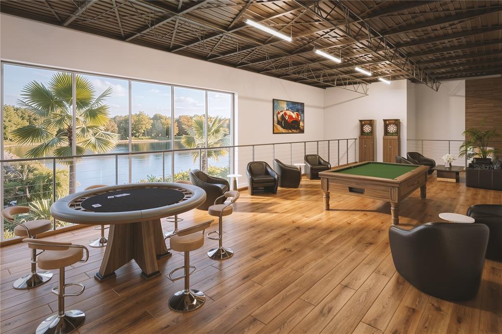 This rendering shows a game room with a pool table, poker table, and lake view — 5864 DEREK AVENUE UNIT 3, SARASOTA, FL