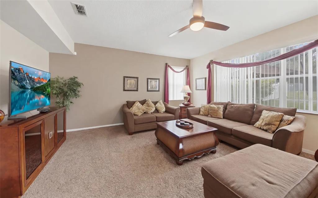 A living room with brown sofas, a coffee table, a television, and a ceiling fan — 111 ALDRIDGE LANE, DAVENPORT, FL