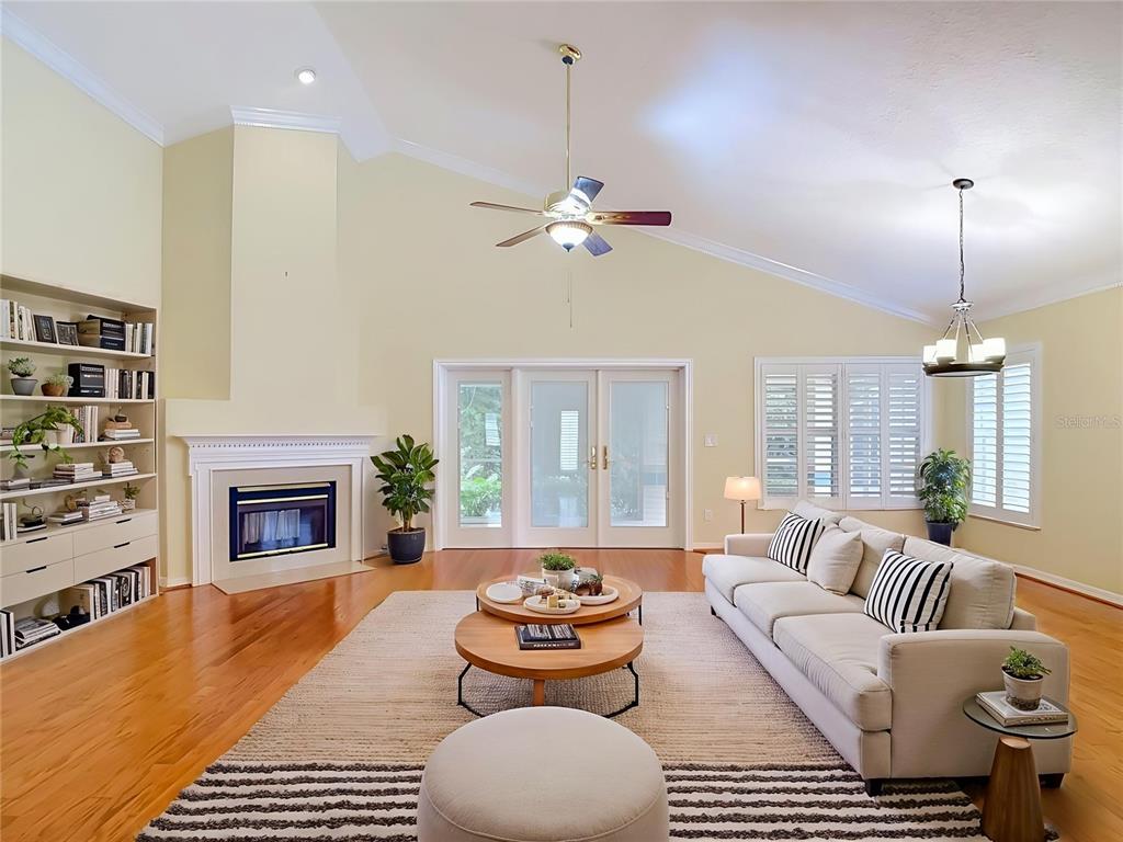 A living room features a fireplace, built-in bookshelves, hardwood floors, and a vaulted ceiling — 15886 SANCTUARY DRIVE, TAMPA, FL