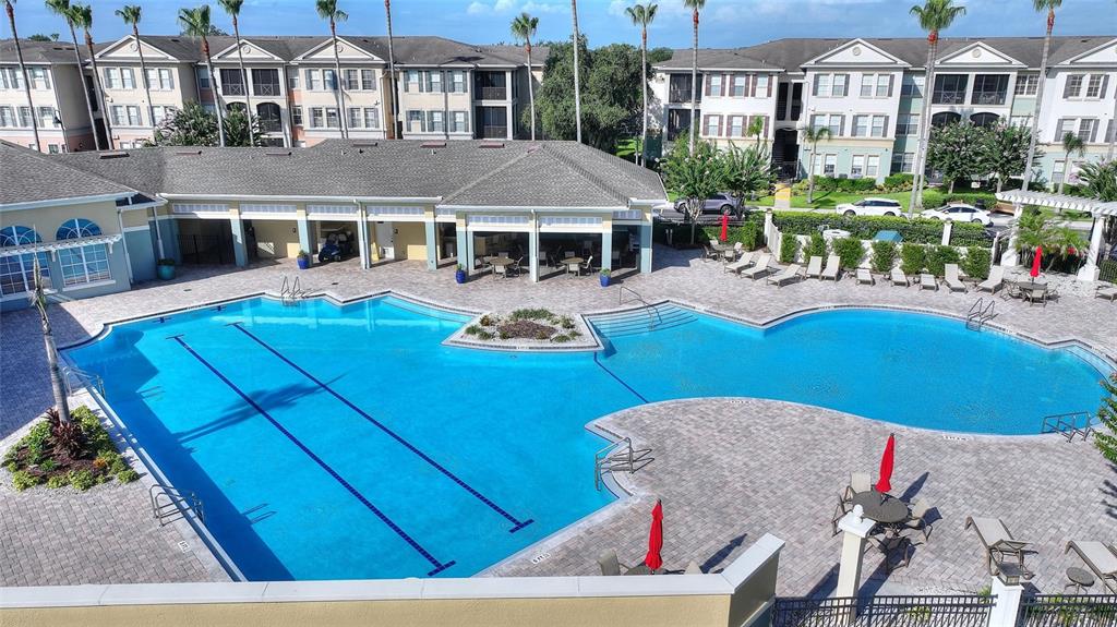 An aerial view of a large apartment complex swimming pool with lounge chairs and umbrellas — 11564 MIZZON DRIVE UNIT 923, WINDERMERE, FL