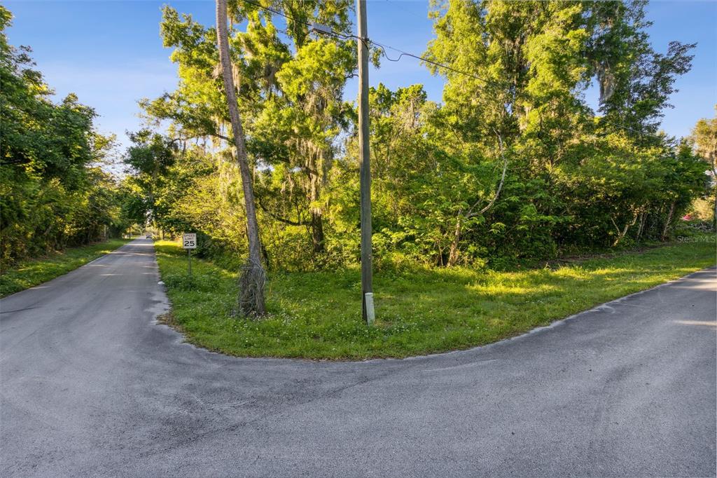 A paved road curves past a wooded, undeveloped lot with a speed limit sign — Lot 13 QUEBEC AVENUE, DE LEON SPRINGS, FL