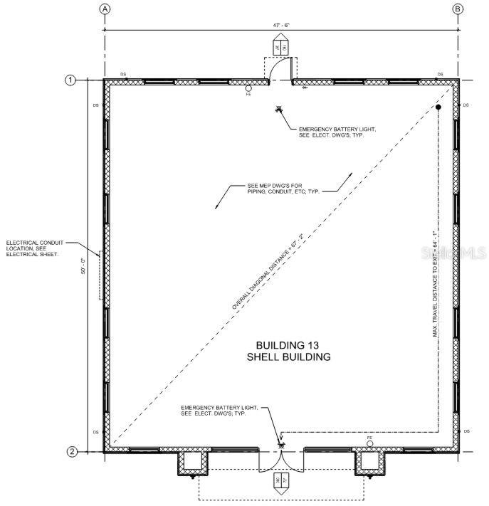 This is a floor plan for a shell building with dimensions and emergency lighting locations — 5058 OLD TAMPA HWY UNIT 13, KISSIMMEE, FL