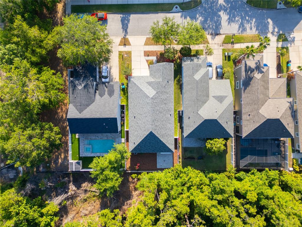 An aerial view shows four suburban houses with pools and backyards bordering a wooded area — 9516 PICCADILLY SKY WAY, ORLANDO, FL