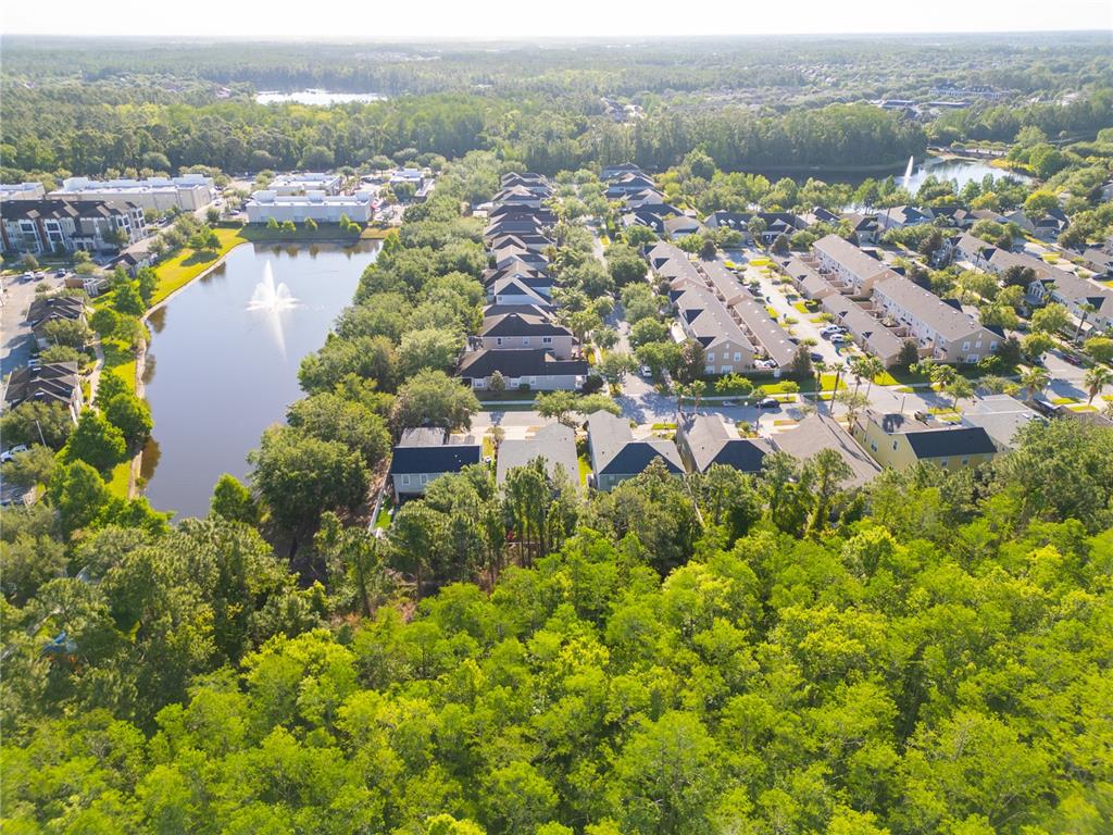 An aerial view shows a residential neighborhood with houses, a pond, and surrounding forest — 9516 PICCADILLY SKY WAY, ORLANDO, FL