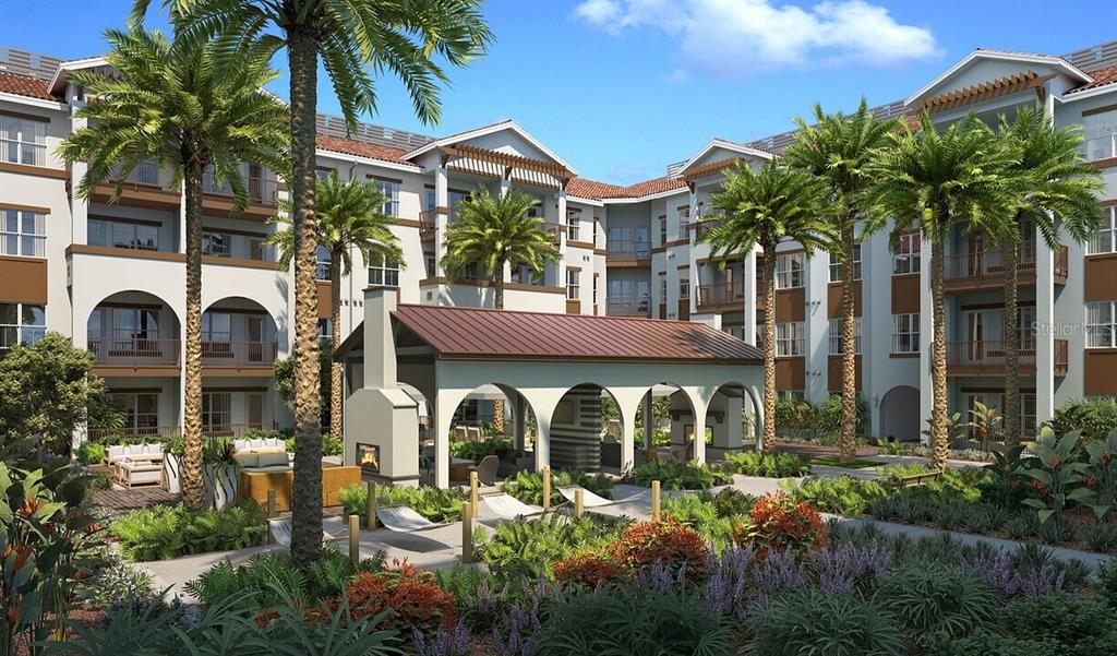 This architectural rendering shows a multi-story apartment building with a central courtyard and pavilion — 4865 BIG PINE LOOP UNIT C1, KISSIMMEE, FL