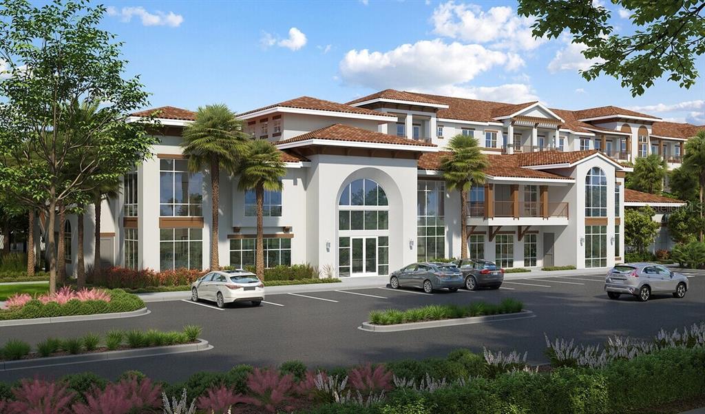 This is a digital rendering of a multi-story Mediterranean-style building with a parking lot — 4865 BIG PINE LOOP UNIT C1, KISSIMMEE, FL