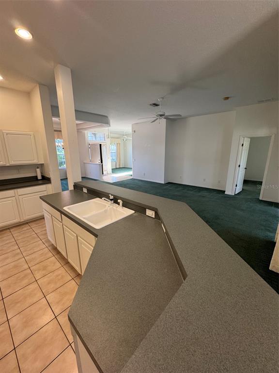 A kitchen with a white sink and gray countertops overlooks a carpeted living area — 7884 KAVANAGH COURT, SARASOTA, FL