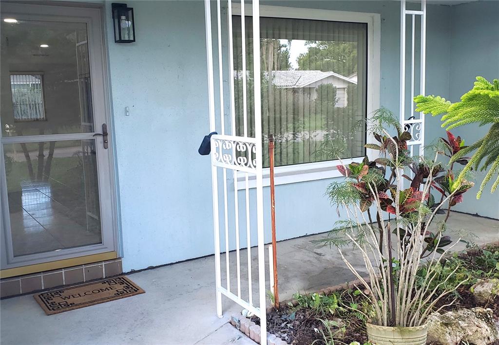 A light blue house exterior features a front door, a large window, and a plant — 7534 ROSEWOOD DRIVE, PORT RICHEY, FL