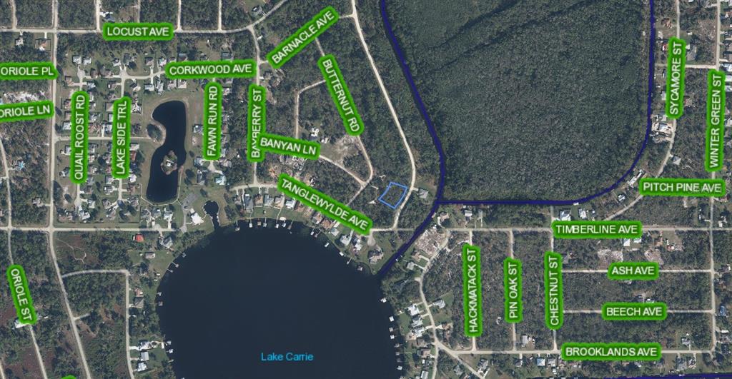 This is an aerial map showing residential streets and a lake in a wooded area — 300 RAINBOW DRIVE, LAKE PLACID, FL