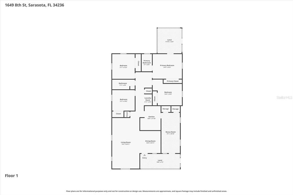 This is a floor plan showing the layout of a single-story residential home — 1649 8TH STREET, SARASOTA, FL