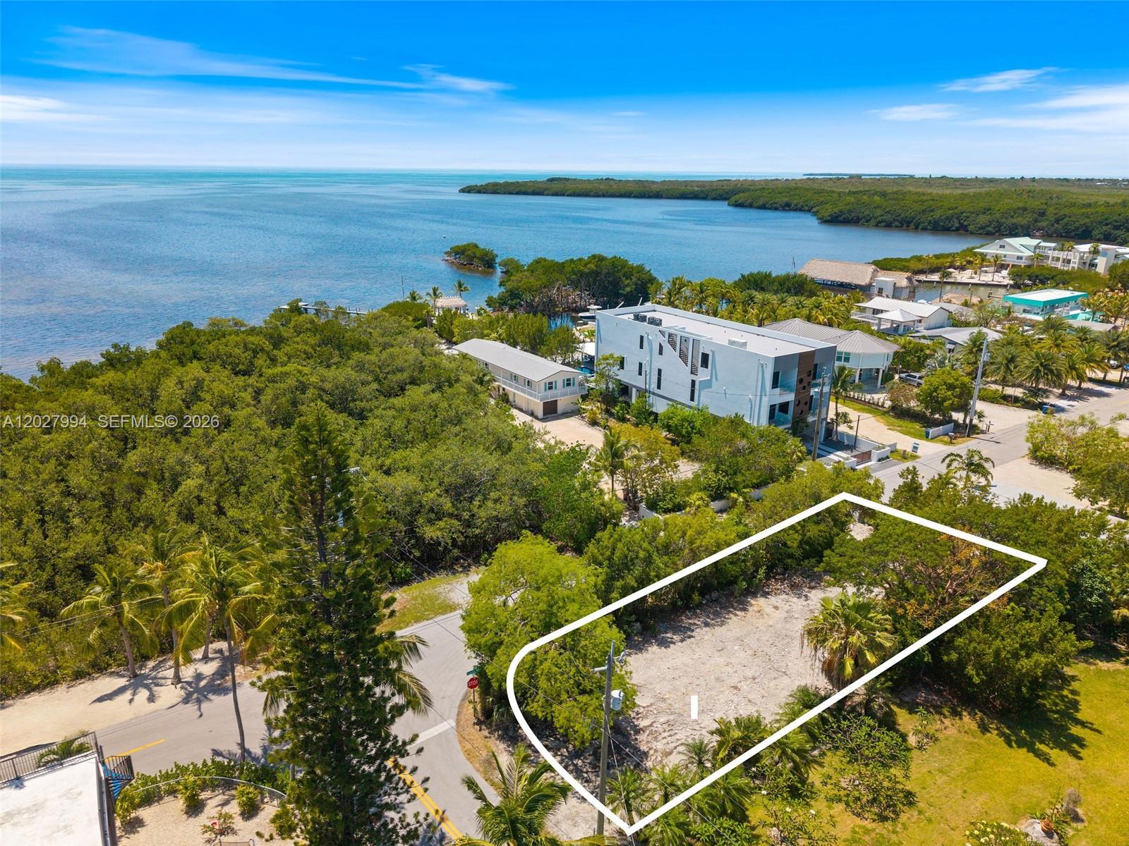 An aerial view shows a vacant, rectangular lot surrounded by trees near the ocean — 0 Seaside Ave, Key Largo FL 33037, KEY LARGO, FL
