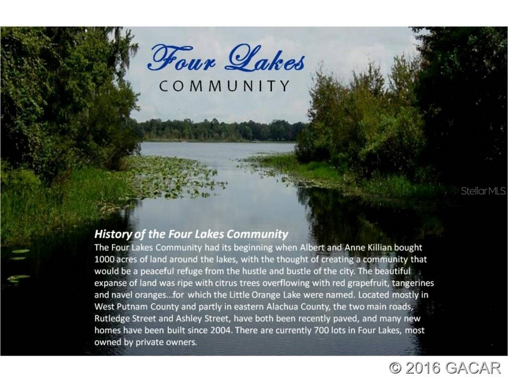 A view of a lake surrounded by trees with text describing the history of the community — Lot 66 & Lot 67 Ashley STREET, HAWTHORNE, FL