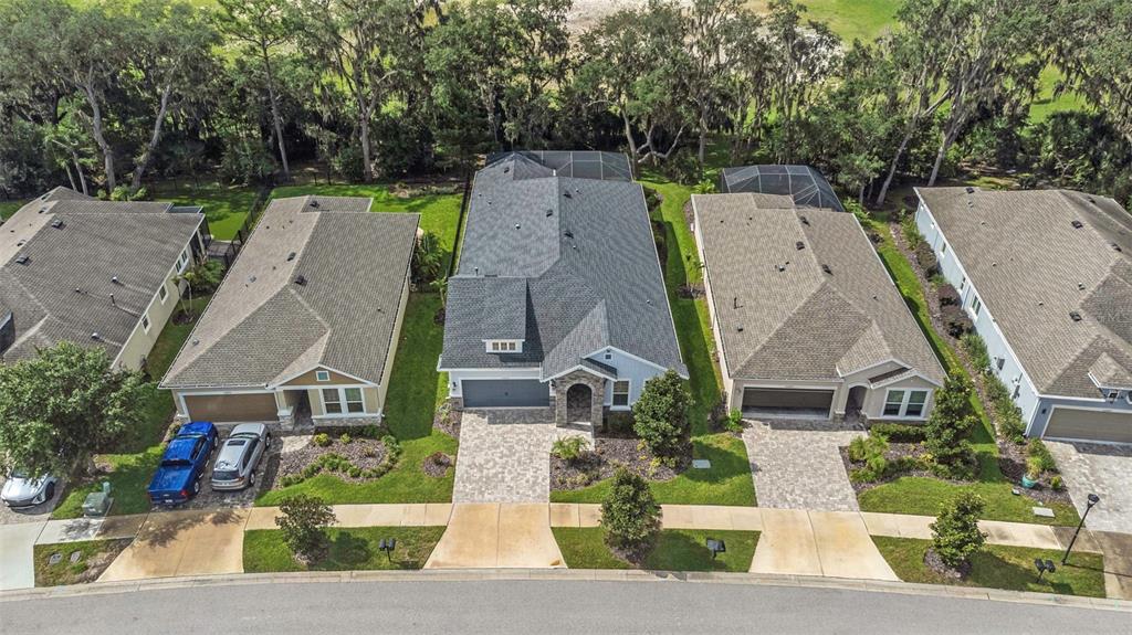 An aerial view shows four suburban houses with paved driveways and green lawns along a street — 13931 NATURES RESERVE DRIVE, LITHIA, FL