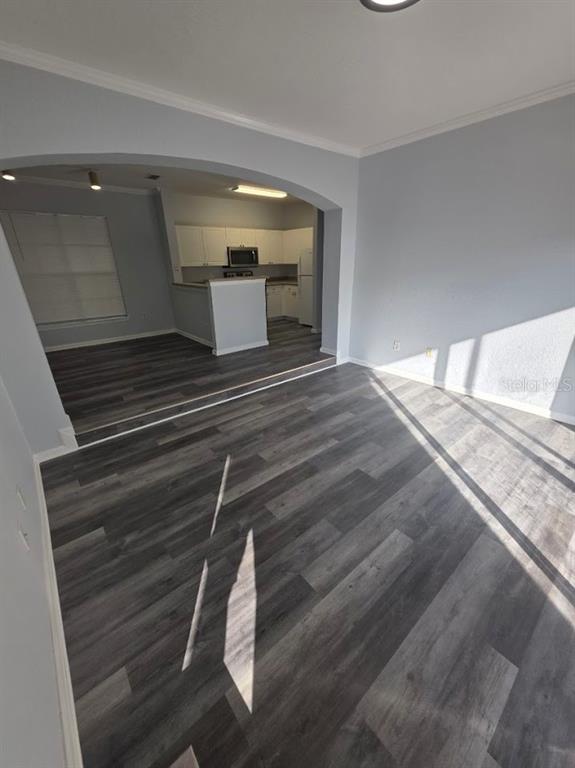 A living room with gray wood-look flooring leads through an arched opening to a kitchen — 9401 CRESCENT LOOP CIRCLE UNIT 203, TAMPA, FL