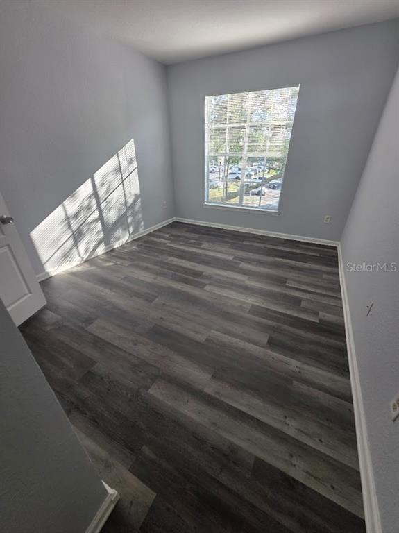 An empty room with light gray walls and dark wood-look laminate flooring — 9401 CRESCENT LOOP CIRCLE UNIT 203, TAMPA, FL