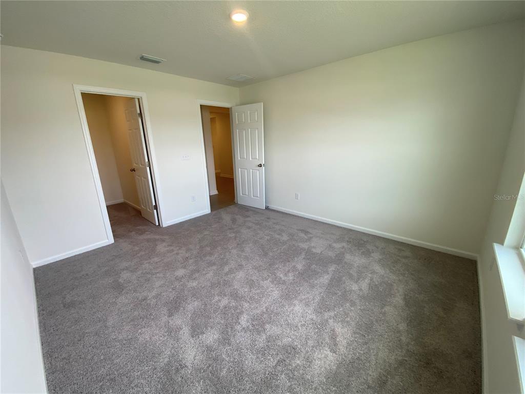 An empty bedroom features gray carpeting, beige walls, and two open doorways — 42 CAMELLIA STREET, PALM COAST, FL