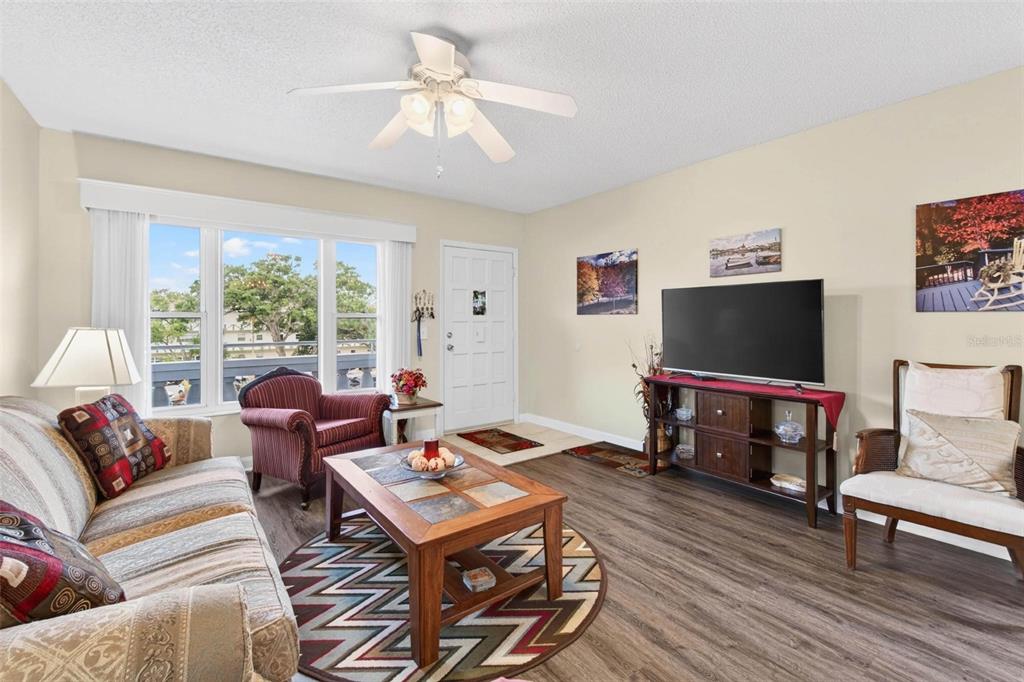 A living room features wood-look flooring, a ceiling fan, a television, and a large window — 2461 RHODESIAN DRIVE UNIT 51, CLEARWATER, FL